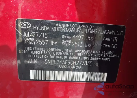 2016 Hyundai Sonata Se from USA, damaged, VIN 5NPE24AF9GH277835